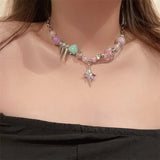 Getadme Reflective Heart Beads Star Pentagram Pendant Necklace for Women Cool Aesthetic Trendy Clavicle Chain Korean Fashion Jewelry New