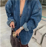 GETADME Women Denim Jacket 2025 Spring Autumn Retro Double Breasted Shoulder Padded V Neck Loose Casual Long Blue Denim Coat
