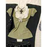 GETADME 2000s Lace Trim Harajuku T Shirts Aesthetic Sweet Girl Summer Women Clothes Femme Trendy Green Kawaii Top Gentle Ruffle Y2k Tees