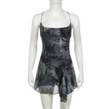 GETADME Women Print Mesh Mini Dress Streetwear Chic Sexy Backless Sleeveless Lace Up Cross Dresses A-line Vintage Holiday Y2k Clothing
