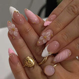 GETADME 24Pcs 3D Strawberry Rabbit Flower Fake Nails Press on Mid-length Almond Wearable False Nails Green Gradient Pearl Manicure Tips