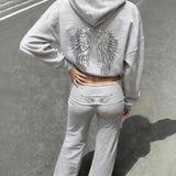 GETADME Retro shiny wings printed long-sleeved zipper casual sweatshirt autumn and winter women's hooded straight pants solid color suit