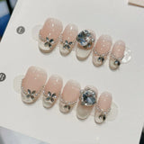 GETADME 10Pcs Cute Cat Eye Almond Fake Nail Blue Shiny with Small Rhinestone Nail Art Nude Color Short Oval Finished Artificial Manicure