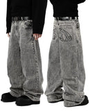 GETADME 90s Retro Street Embroidery Jeans Male  R&B Solid Color Loose Straight Pants Female Y2K Harajuku Hip Hop  Punk Style  Men Jeans