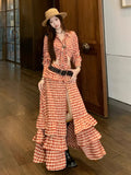 GETADME Sweet Red Plaid Summer Women's 2 Piece Set Vintage Long Sleeve Y2k Tops + Design Irregular Skirt Hottie Japanese Holiday Outfits