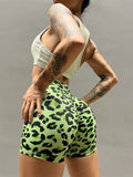 GETADME Skinny Elastic High V Waist Leopard Printed Fitness Sports Shorts Women Breathable Ruched Hip-lifting Workout Jogging Bottoms
