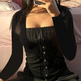 Vintage y2k Tops Women Lace Trim Long Sleeve T-Shirts Fall Fairycore Aesthetics Grunge Clothes Streetwear