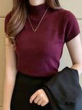 GETADME Women's Half-High Neck T-Shirt Fashion Jumper Casual Tops Korean Style Elegant Solid-Coloured Clothing Spring And Summer Season