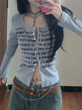 Getadme-Korean Style Vintage Gray Crop T Shirts Women Streetwear Letter Print Casual Tops Mujer Slim Long Sleeve Tees Autumn
