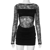 Robe courte GETADME Talenza en dentelle transparente taille haute, robe courte unie à imprimé patchwork pour femme, robe courte sexy et moulante à manches longues, style Y2K