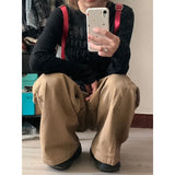 Getadme-Y2k Vintage Brown Woman's Cargo Jeans Oversize Japanese 2000s Style Spring Trousers Harajuku Korean Wide Denim Pants