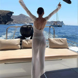 GETADME 여성 리브 랩 드레스 긴팔 라운드넥 시스루 선크림 솔리드 컬러 백리스 비치 롱 드레스 홀리데이 베스디시