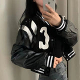 Getadme-Autumn Cropped Bomber Jacket Women Vintage Korean Fashion Oversize Gothic Style Baseball Short Jackets Kpop Chic Streetwear