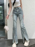 GETADME Korean Streetwear Casual Wide Leg Trousers Y2K Vintage High Waist Flare Jeans Women Fashion Bandage Slit Slim Denim Pants Summer
