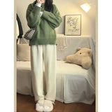 GETADME Japanese Vintage Green Round Neck Pullover Sweater Women's Loose Fit Casual Style Thickened Autumn Winter Outerwear Knit Top
