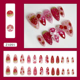 GETADME 24pcs Ins 3D Bowknots Press On Nails Sweet Strawberry Pink Plaid Almond False Nails With Heart Shape Pearl Decor Fake Nail Tips