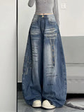 GETADME American high street floor embroidered denim retro women's autumn new high waisted loose wide leg pants Y2K straight leg pants