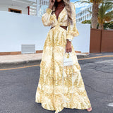 GETADME 2025 New in Summer Elegant Bohemian Printing V Neck Hollow Out Lantern A line Big Swing Maxi Long Dress Vacation Lady Robes