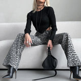 GETADME High Quality Gray Leopard Printed Pockets Straight Trousers Autumn&Winter Trend Club Slim Streetwear Long Pants Ladies 2025