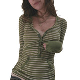 GETADME Stripe T Shirts for Women Button V Neck Long Sleeve Tops with Pocket y2k 2000s Fairy Grunge Clothes Vintage Streetwear