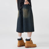 GETADME Men's Non-Elastic Denim Seven-Five Shorts Loose Wide Leg Fit Versatile Simple Style Casual Shorts