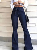 GETADME Ladies Deep Blue High Waist Bell Bottom Jeans Elastic Stretch Leg Lengthening Belted Waist