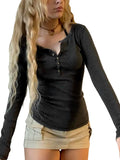 Getadme Women s Spring Autumn Slim Tops Black Long Sleeve Button Down Ribbed Skinny T-shirt