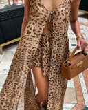 GETADME Women's Summer 2025 Beach Vacation Dress Set Chiffon Print Halter Long Dress Loose Leopard Print Shorts Elegant Casual Outfit