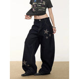 GETADME YIBASHU Women Vintage Baggy Black Star Jeans High Waist Denim Trousers 2000s Y2k Harajuku Aesthetic Wide Pants Trashy Clothes
