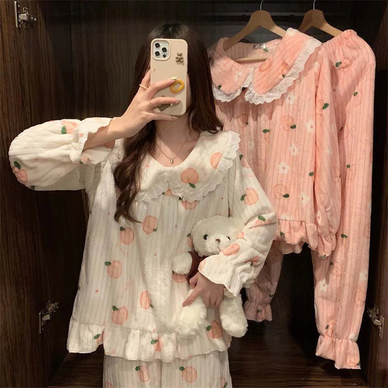 GETADME 만화 잠옷 세트 여성 잠옷 따뜻한 플란넬 잠옷 여자용 피자마 세트 정장 바지 홈 한국 복숭아색 잠옷 레이스 잠옷
