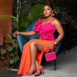 GETADME 2025 New Fashion Orange Color Women Sleeveless Sexy V-Neck Ruffles Bodycon Mid-calf Bandage Dress Birthday Celebrate Party Dress
