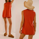 GETADME 콤바사키 여성용 니트 세트 민소매 크루넥 하이 슬릿 풀오버 탱크탑 신축성 허리 스키니 반바지 여름용 의상