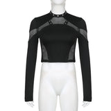 GETADME Goth Mesh Patchwork T-Shirts Sexy Hollow Out Long Sleeve Eyelet Crop Tops Fashion Women Punk Style Slim Tees Streetwear
