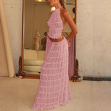 GETADME 2025 Summer Party Elegant Women Beach Skirt Suit Sleeveless Backless Cropped Halter Lace Up Tops And Long Skirts Two Piece Sets
