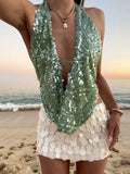 GETADME Balitops Sequins Beach Sexy Crop Tops Women Fashion Halter Deep V Neck Tank Tops Female Pullovers Summer New Club Cropped Top