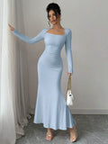 GETADME Women's Four Seasons New Style Women's Elegant Temperament Retro Solid Color Square Collar Long Sleeve Dress