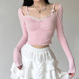 Getadme Sweet Lace Stitching V-neck Skinny Top Pink Coquette Aesthetic Slim-fit Long Sleeve Knitted T-shirts Cute Casual Tees