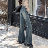 GETADME Woman High Waist Vintage Casual Flare Jeans Girls Elastic Slim Fit Bell Bottom Pants Lady Fashion Blue Black Grey Denim Trousers