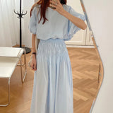 GETADME Oversized Summer Vintage 2 Two Piece Skirts Sets Women Outfits Puff Sleeve Crop Top and Elastic Waist Pleat Long A-line Skirt