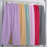 GETADME 여름 홈웨어 플레드 9포인트 팬츠 캐주얼 릴렉스 통기성 얇은 신축성 허리 팬츠 여학생 파자마 팬츠