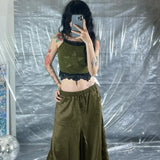 GETADME Women Vintage Suede Nap Lace Patchwork Hem Zip Long Skirt Cyber Y2K Chic Drawstring Pocket A-line Skirts Lady Grunge Streetwear