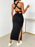 GETADME Women's Summer Solid Color Backless Cross-Strap Sexy Dress