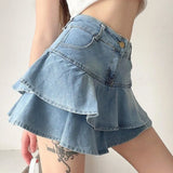GETADME Vintage Denim Skirt Shorts Women Summer Korean Fashion High Waist A-line Wash Blue Slim Cute Sexy Mini Jeans Ruffle Skirt Female