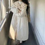 Vintage Mori Girl Embroidery Winter Jacket Women Japanese Kawaii Peter Pan Collar Oversized Cotton Linen Coat Warm Loose Parkas