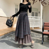 GETADME Vintage Plaid Woolen Midi Skirt Women Japanese Harajuku Patchwork Asymmetrical Skirts Winter Korean Casual Design A Line Faldas