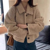 GETADME Women Autumn Winter Double Fleece Warm Thicken Jacket Turn-down Single-Breasted Short Outerwear Loose Fashion Casual Overcoat