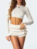 Getadme Women Knitted 2 Piece Short Set Chic Solid Color Crew Neck Long Sleeve Knit Crop Tops Ruffles Tiered Shorts Autumn Outfit Trendy