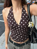 GETADME Weird Puss Polka Dot Print Vest Women Y2K Lace-Up Backless Halter v-Neck Skinny Summer Trend Daily  Street Basic Chic Tank Tops