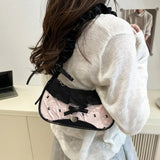 GETADME Fashion Grid Women Bag Lace Ribbon Stretchable Shoulder Strap Single Shoulder Underarm Bag Daily Commuting Student Handbag