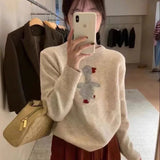 GETADME Women's new wool sweater high-end O-neck embroidered pullover sweater autumn and winter loose fashion shirt casual warm knit top